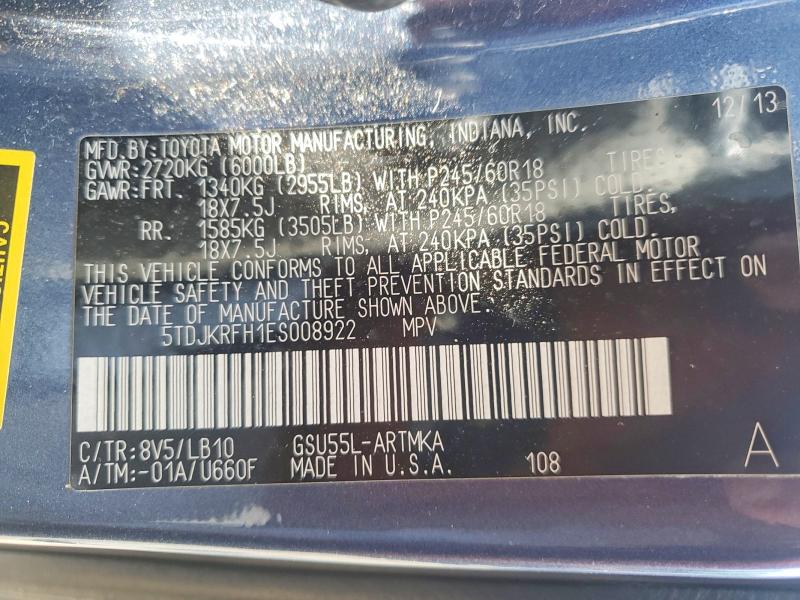 Продажа на аукционе авто 2014 Toyota Highlander, vin: 5TDJKRFH1ES008922, номер лота: 61473946