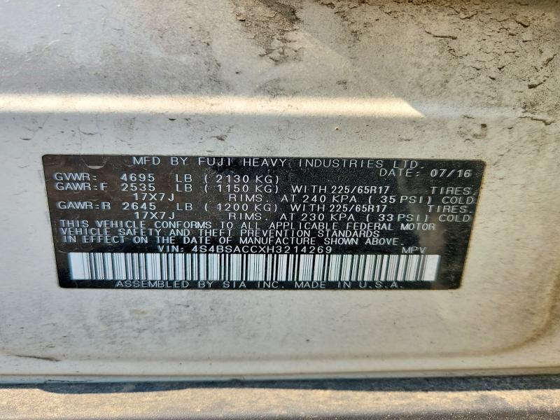 2017 Subaru Outback მანქანა იყიდება აუქციონზე, vin: 4S4BSACCXH3214269, აუქციონის ნომერი: 61392026