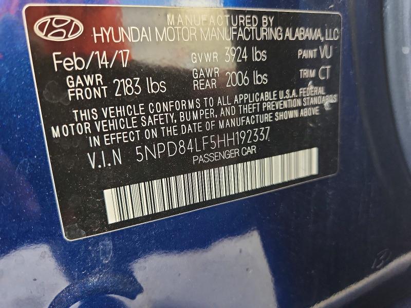 62921376 :رقم المزاد ، 5NPD84LF5HH192337 vin ، 2017 Hyundai Elantra مزاد بيع