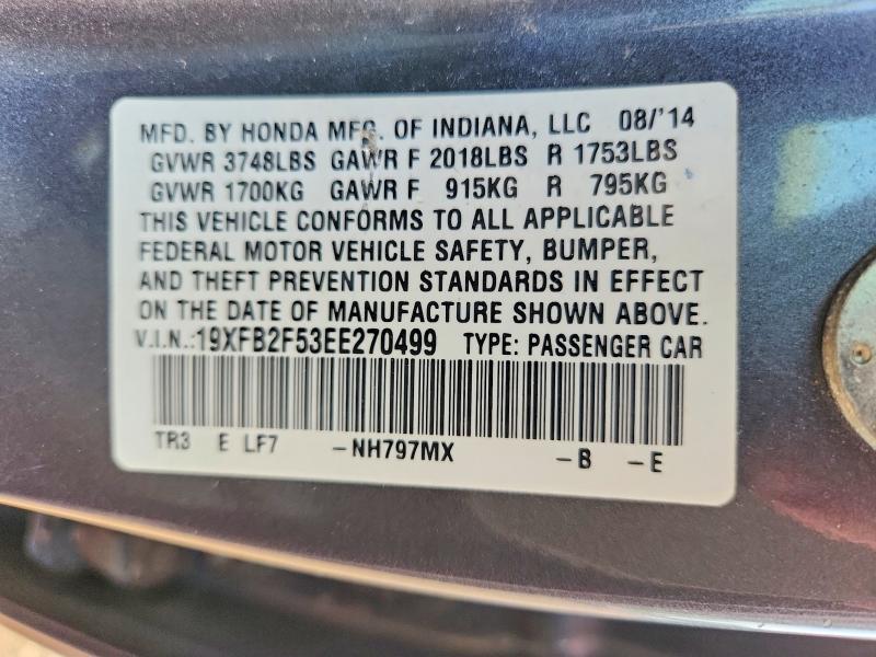 Auction sale of the 2014 Honda Civic, vin: 19XFB2F53EE270499, lot number: 61085896