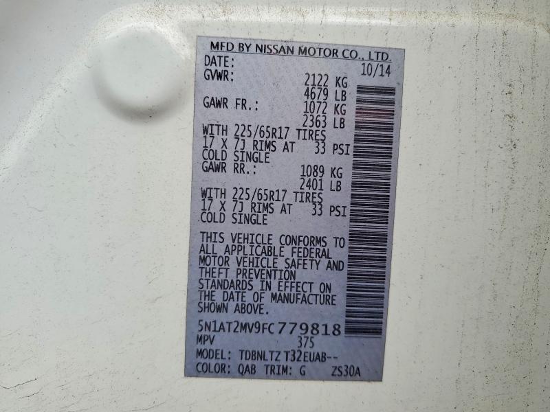 2015 Nissan Rogue მანქანა იყიდება აუქციონზე, vin: 5N1AT2MV9FC779818, აუქციონის ნომერი: 62019146