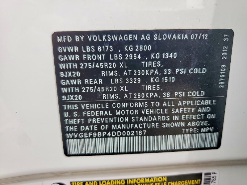 59870406 :رقم المزاد ، WVGEF9BP4DD002167 vin ، 2013 Volkswagen Touareg مزاد بيع
