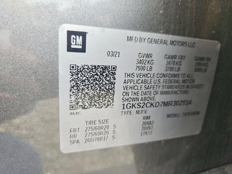 Aukcja sprzedaży 2021 Gmc Yukon, vin: 1GKS2CKD7MR302914, numer aukcji: 62598056