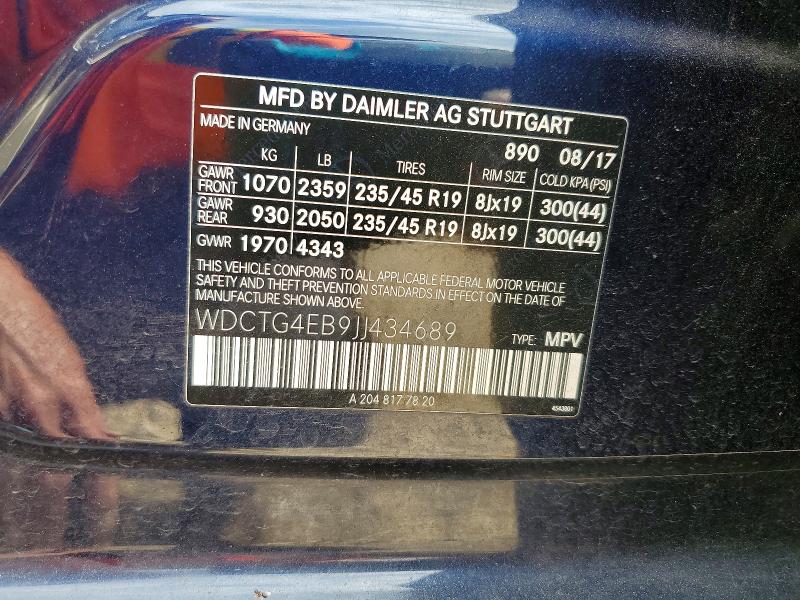 61782096 :رقم المزاد ، WDCTG4EB9JJ434689 vin ، 2018 Mercedes-benz Gla مزاد بيع