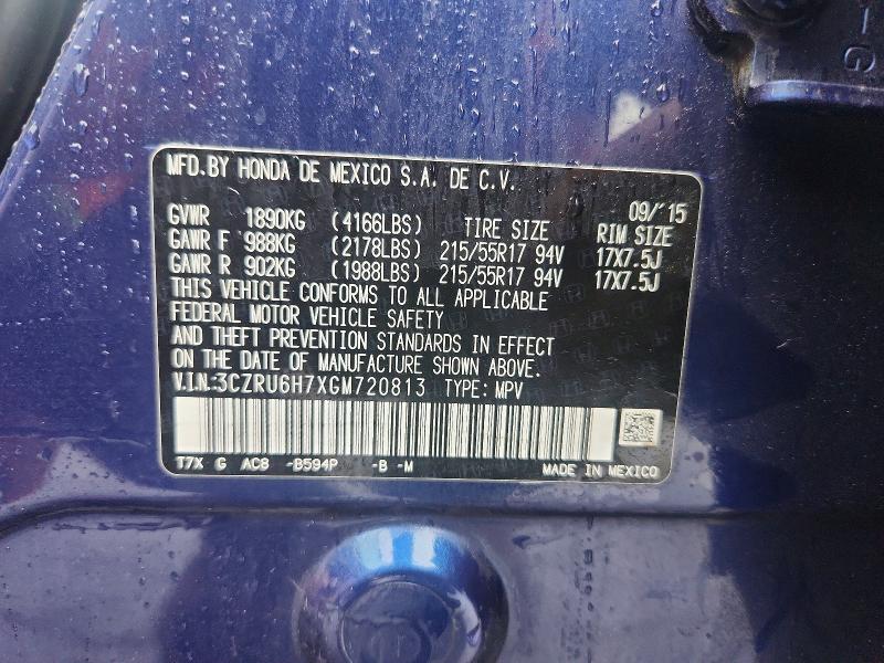 61745296 :رقم المزاد ، 3CZRU6H7XGM720813 vin ، 2016 Honda Hr-v مزاد بيع