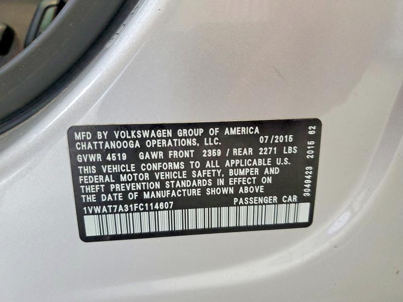 2015 Volkswagen Passat მანქანა იყიდება აუქციონზე, vin: 1VWAT7A31FC114607, აუქციონის ნომერი: 59618006