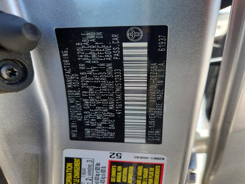 63689876 :رقم المزاد ، 4T1G11AK7MU512933 vin ، 2021 Toyota Camry مزاد بيع
