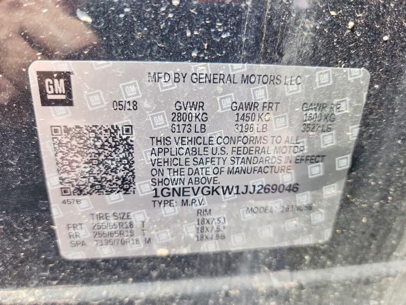 2018 Chevrolet Traverse მანქანა იყიდება აუქციონზე, vin: 1GNEVGKW1JJ269046, აუქციონის ნომერი: 61611206