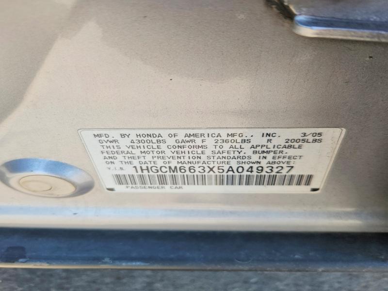 Aukcja sprzedaży 2005 Honda Accord, vin: 1HGCM663X5A049327, numer aukcji: 59850696