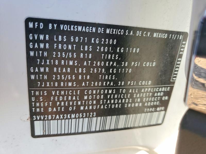 59365456 :رقم المزاد ، 3VV2B7AX3KM053123 vin ، 2019 Volkswagen Tiguan مزاد بيع