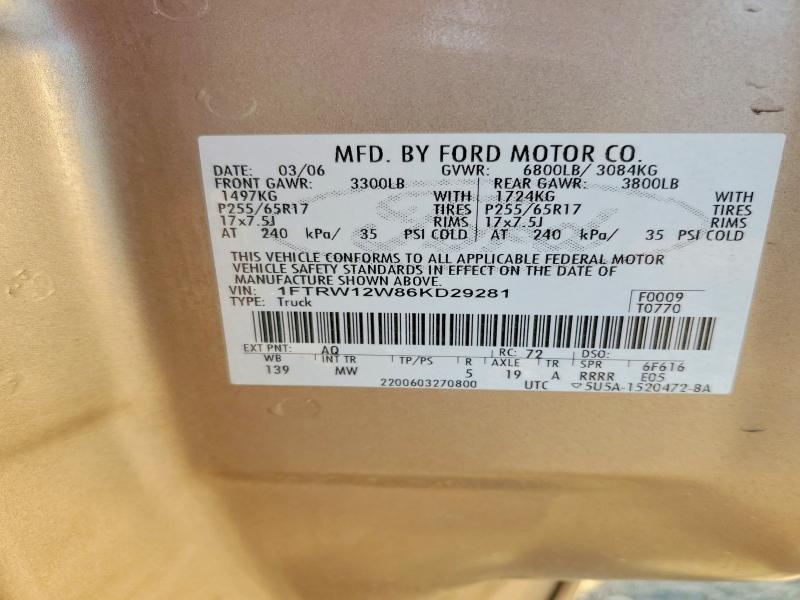 60684766 :رقم المزاد ، 1FTRW12W86KD29281 vin ، 2006 Ford F150 مزاد بيع