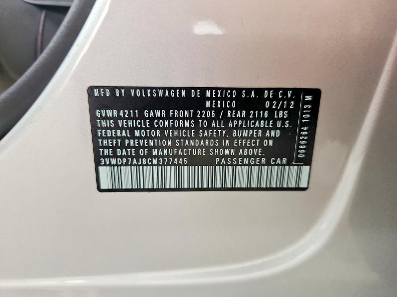 62709406 :رقم المزاد ، 3VWDP7AJ8CM377445 vin ، 2012 Volkswagen Jetta مزاد بيع