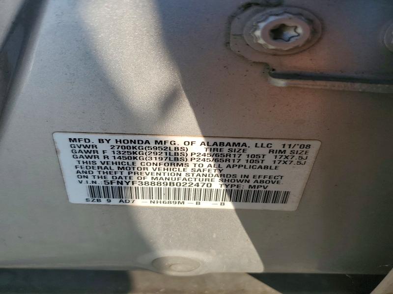 2009 Honda Pilot მანქანა იყიდება აუქციონზე, vin: 5FNYF38889B022470, აუქციონის ნომერი: 63120356