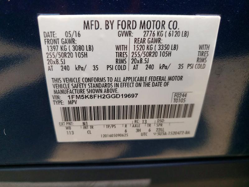 2016 Ford Explorer მანქანა იყიდება აუქციონზე, vin: 1FM5K8FH2GGD19697, აუქციონის ნომერი: 60630896