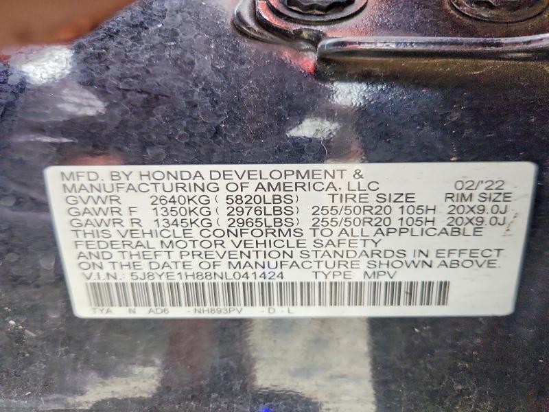 2022 Acura Mdx მანქანა იყიდება აუქციონზე, vin: 5J8YE1H88NL041424, აუქციონის ნომერი: 59575236