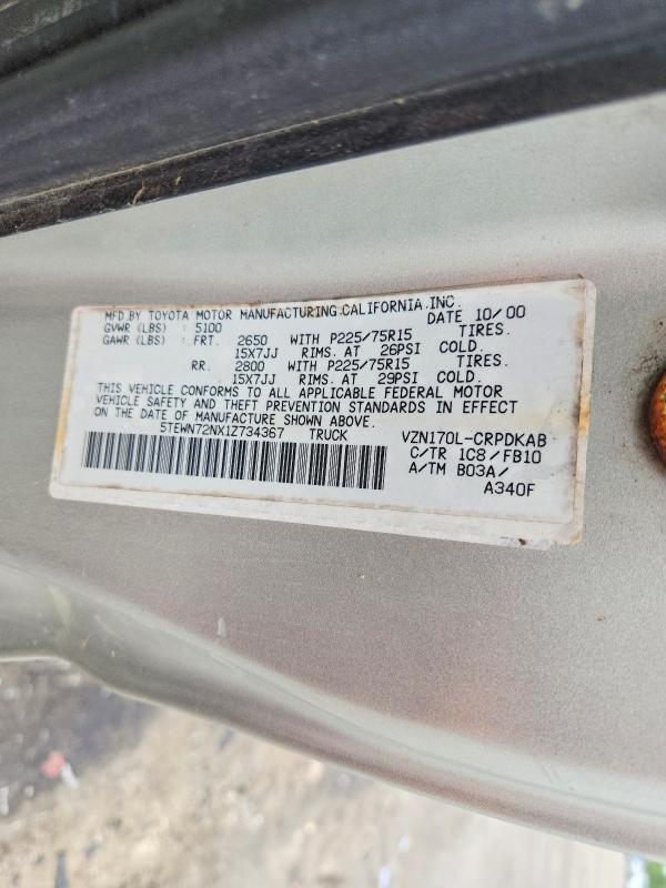 62200176 :رقم المزاد ، 5TEWN72NX1Z734367 vin ، 2001 Toyota Tacoma مزاد بيع