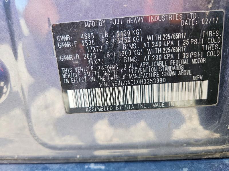 2017 Subaru Outback მანქანა იყიდება აუქციონზე, vin: 4S4BSACC0H3353990, აუქციონის ნომერი: 58964476