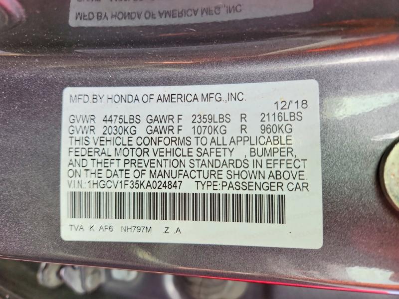 61549606 :رقم المزاد ، 1HGCV1F35KA024847 vin ، 2019 Honda Accord مزاد بيع