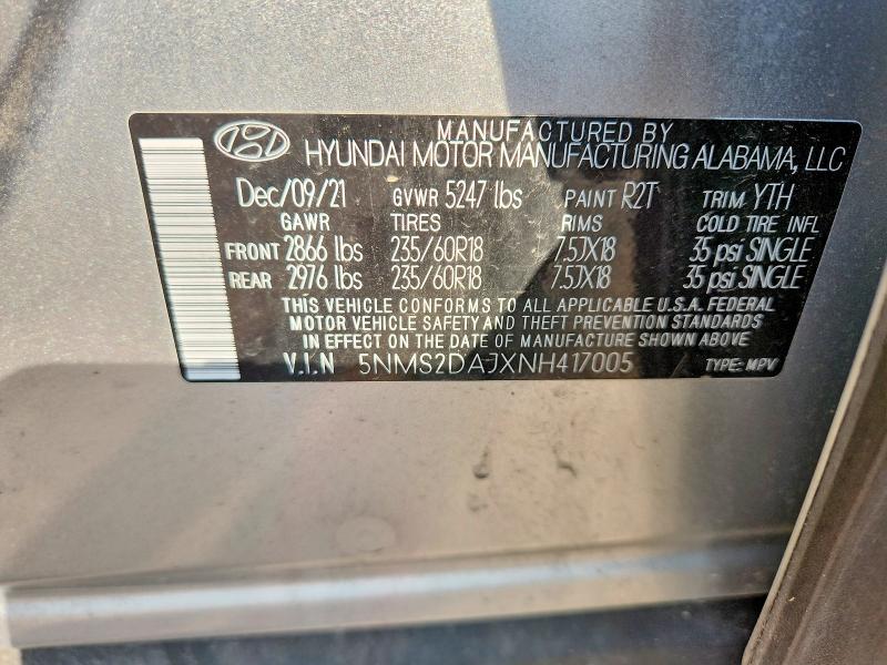 2022 Hyundai Santa Fe მანქანა იყიდება აუქციონზე, vin: 5NMS2DAJXNH417005, აუქციონის ნომერი: 60879706