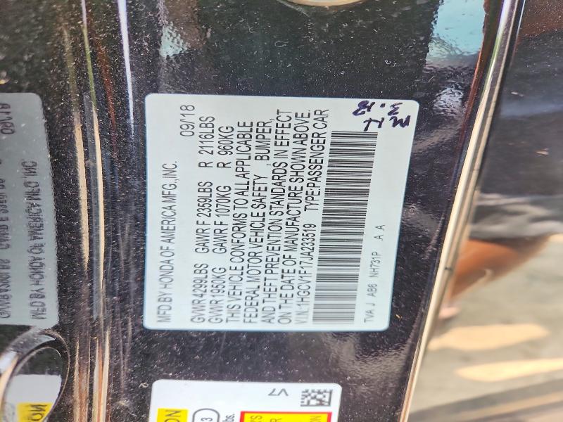 2018 Honda Accord მანქანა იყიდება აუქციონზე, vin: 1HGCV1F17JA233519, აუქციონის ნომერი: 62657186