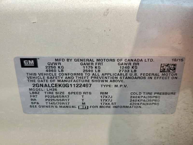 Продаж на аукціоні авто 2016 Chevrolet Equinox, vin: 2GNALCEK0G1122497, номер лоту: 63145326