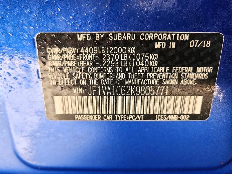 Aukcja sprzedaży 2019 Subaru Wrx, vin: JF1VA1C62K9805771, numer aukcji: 62763976