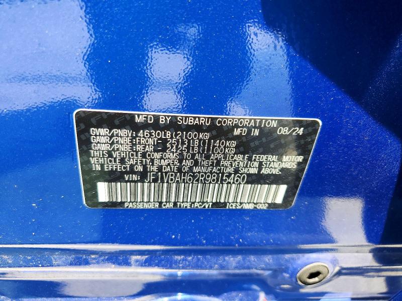 Продаж на аукціоні авто 2024 Subaru Wrx, vin: JF1VBAH62R9815460, номер лоту: 62415546