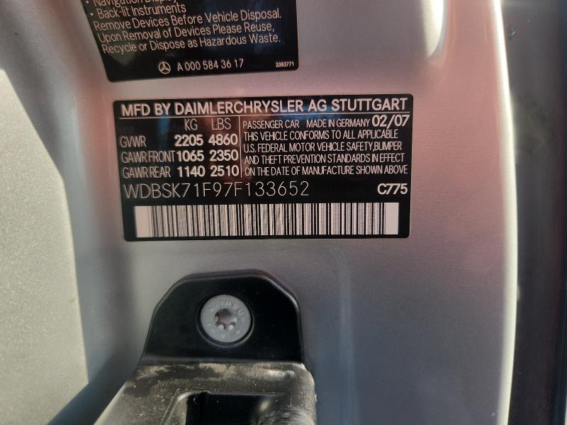 63131086 :رقم المزاد ، WDBSK71F97F133652 vin ، 2007 Mercedes-benz Sl مزاد بيع