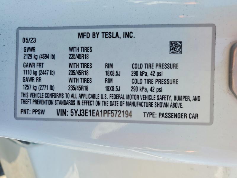 Aukcja sprzedaży 2023 Tesla Model 3, vin: 5YJ3E1EA1PF572194, numer aukcji: 62540866