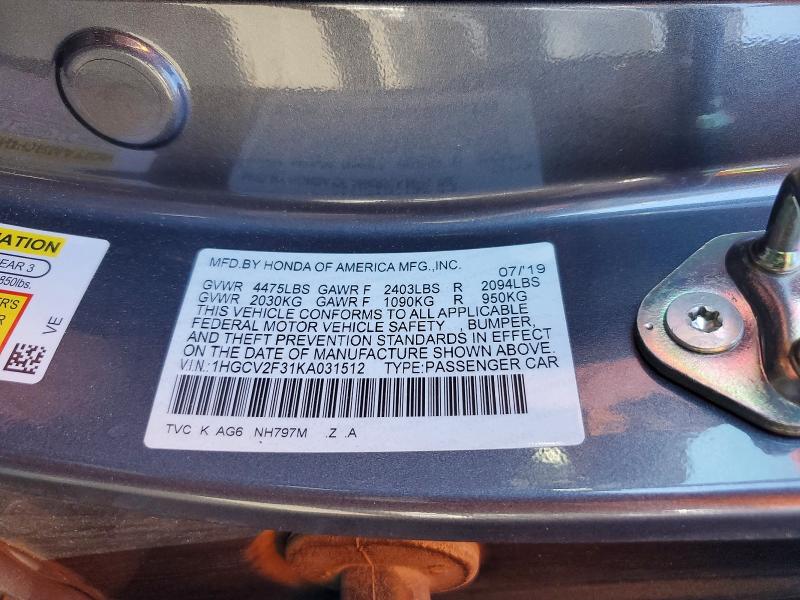 Продажа на аукционе авто 2019 Honda Accord, vin: 1HGCV2F31KA031512, номер лота: 61060656
