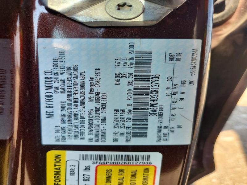 2019 Ford Fusion მანქანა იყიდება აუქციონზე, vin: 3FA6P0HD2KR127936, აუქციონის ნომერი: 63053676