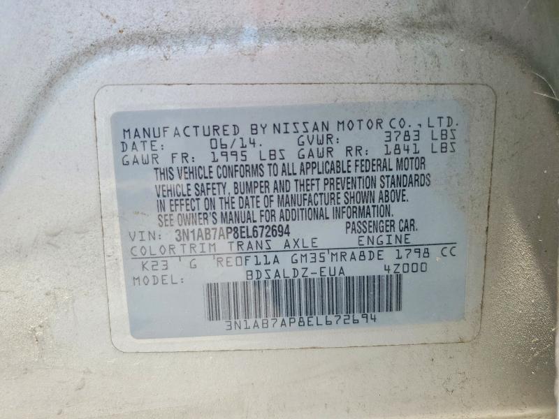 59675106 :رقم المزاد ، 3N1AB7AP8EL672694 vin ، 2014 Nissan Sentra مزاد بيع