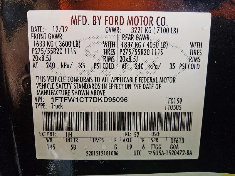 60775746 :رقم المزاد ، 1FTFW1CT7DKD95096 vin ، 2013 Ford F150 مزاد بيع