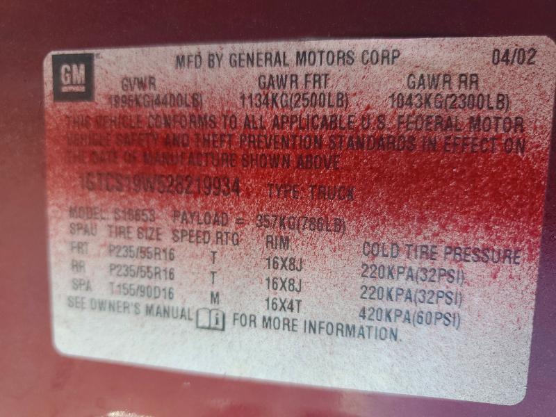 63047076 :رقم المزاد ، 1GTCS19W528219934 vin ، 2002 Gmc Sonoma مزاد بيع
