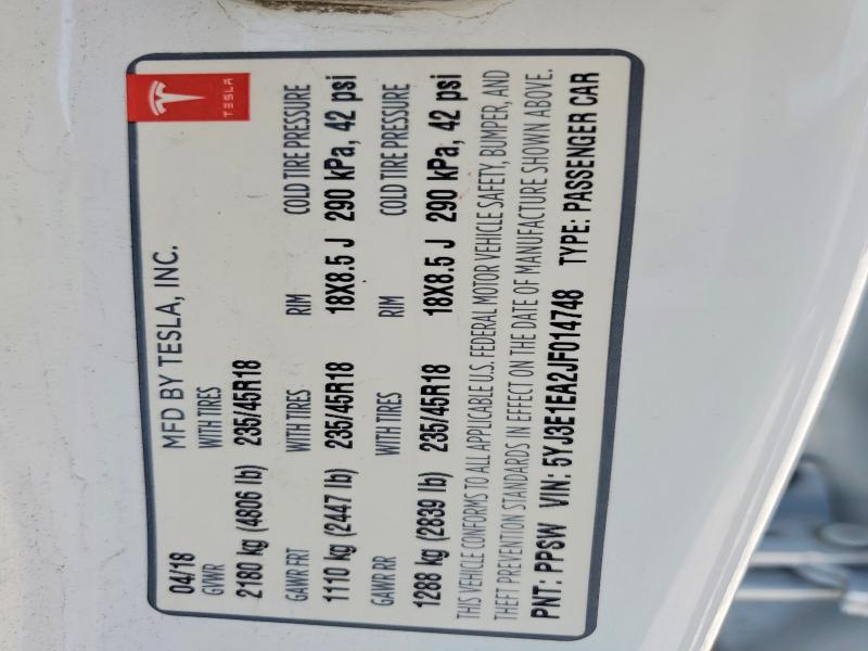 Продажа на аукционе авто 2018 Tesla Model 3, vin: 5YJ3E1EA2JF014748, номер лота: 59699226