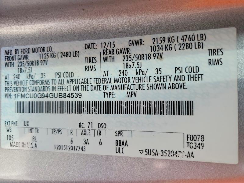 63252106 :رقم المزاد ، 1FMCU0G94GUB84539 vin ، 2016 Ford Escape مزاد بيع