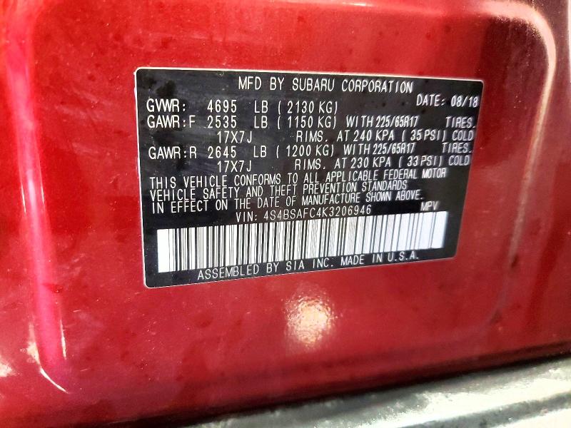59360636 :رقم المزاد ، 4S4BSAFC4K3206946 vin ، 2019 Subaru Outback مزاد بيع