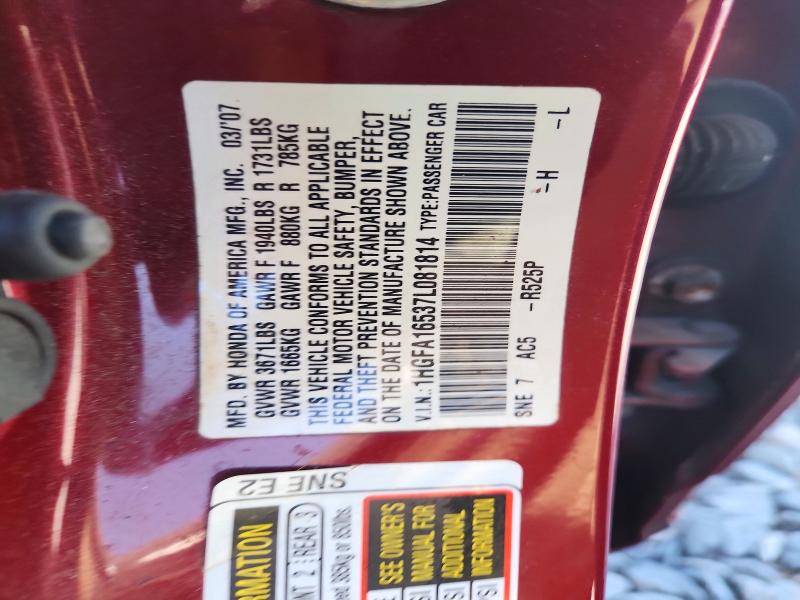 61156896 :رقم المزاد ، 1HGFA16537L081814 vin ، 2007 Honda Civic مزاد بيع