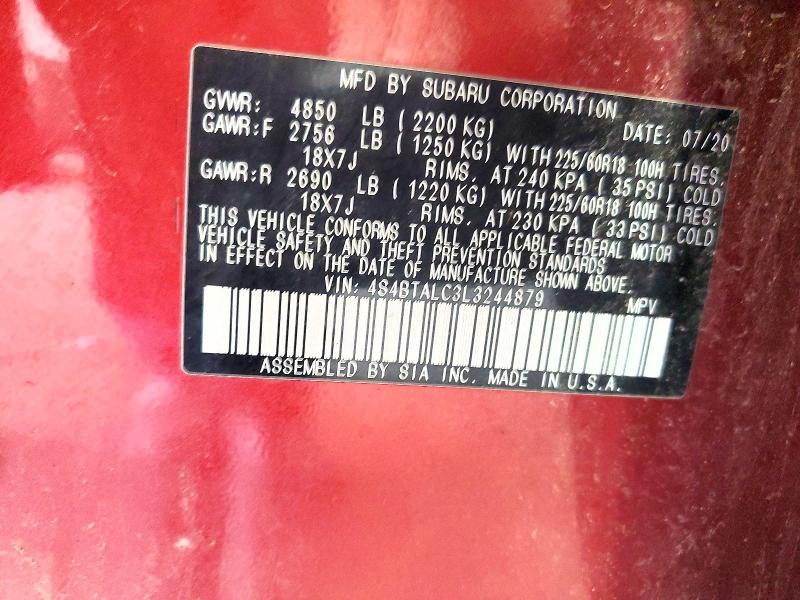 2020 Subaru Outback მანქანა იყიდება აუქციონზე, vin: 4S4BTALC3L3244879, აუქციონის ნომერი: 62117726