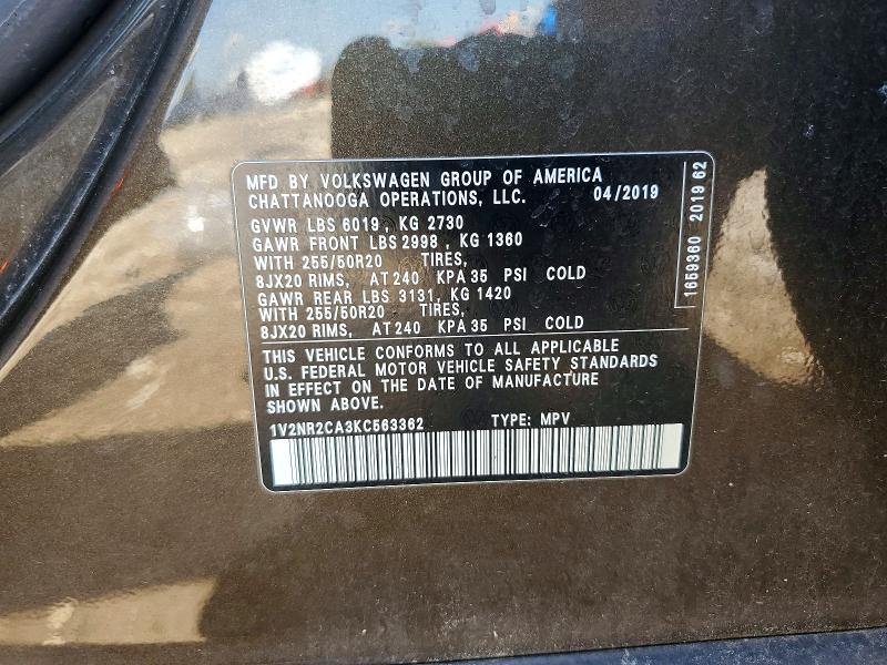 60068376 :رقم المزاد ، 1V2NR2CA3KC563362 vin ، 2019 Volkswagen Atlas مزاد بيع