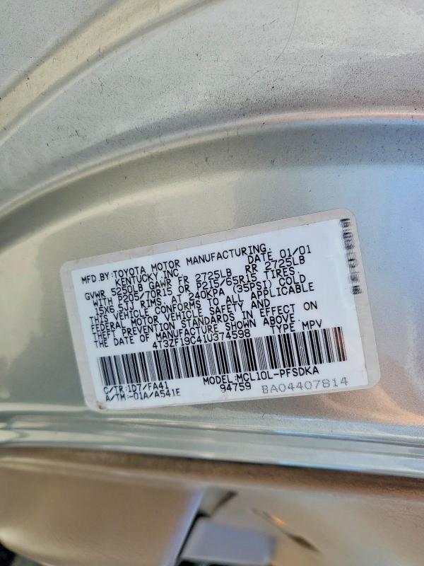 62254856 :رقم المزاد ، 4T3ZF19C41U374598 vin ، 2001 Toyota Sienna مزاد بيع