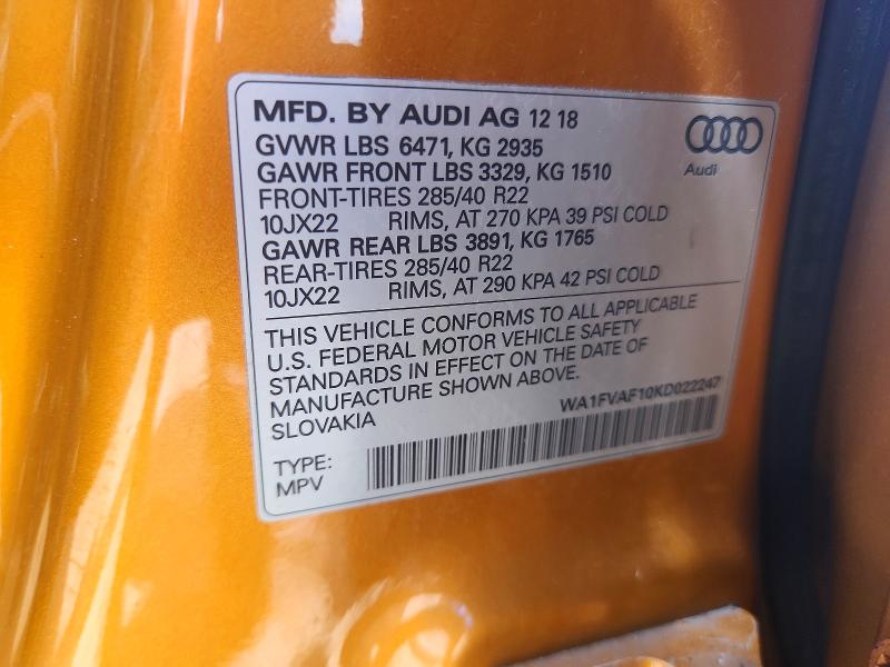 Aukcja sprzedaży 2019 Audi Q8, vin: WA1FVAF10KD022247, numer aukcji: 59184646