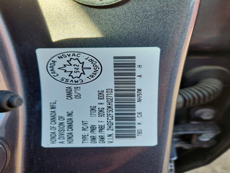 Aukcja sprzedaży 2019 Honda Civic, vin: 2HGFC2F50KH027103, numer aukcji: 59269556