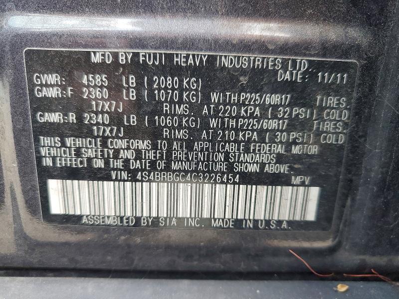 61610876 :رقم المزاد ، 4S4BRBGC4C3226454 vin ، 2012 Subaru Outback مزاد بيع