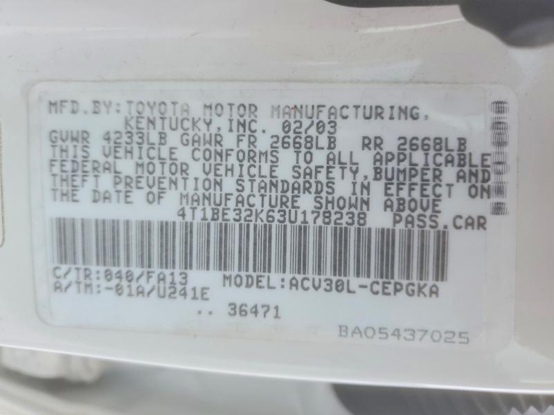 2003 Toyota Camry მანქანა იყიდება აუქციონზე, vin: 4T1BE32K63U178238, აუქციონის ნომერი: 60437846