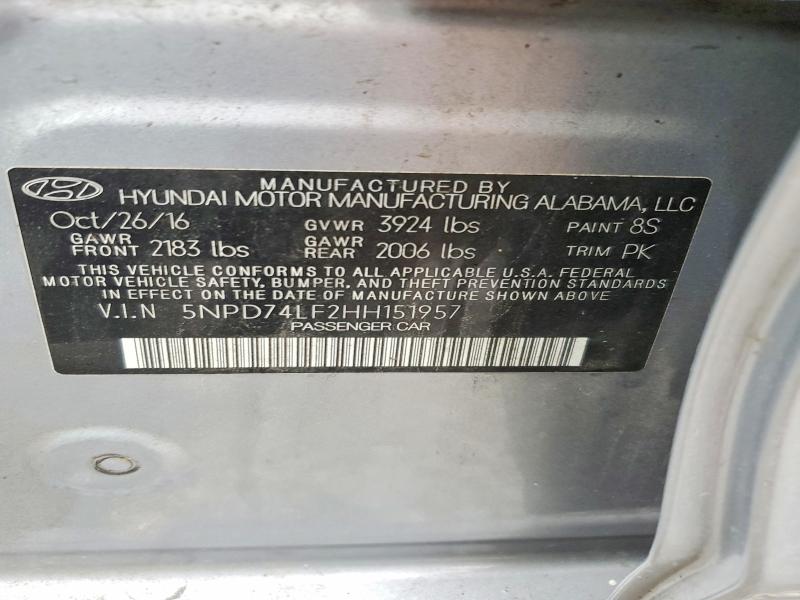 Продаж на аукціоні авто 2017 Hyundai Elantra, vin: 5NPD74LF2HH151957, номер лоту: 62818556