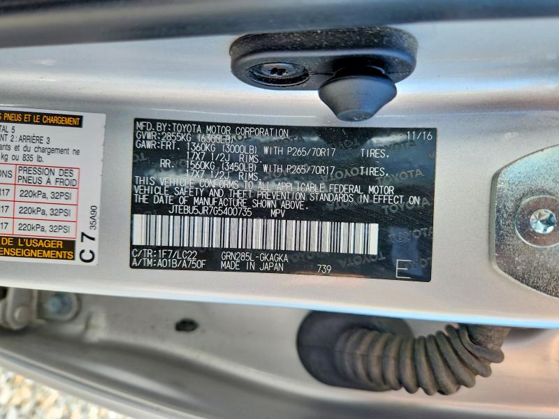 62629016 :رقم المزاد ، JTEBU5JR7G5400735 vin ، 2016 Toyota 4runner مزاد بيع