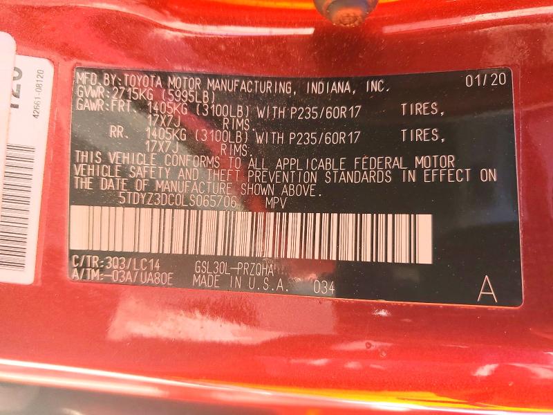 Aukcja sprzedaży 2020 Toyota Sienna, vin: 5TDYZ3DC0LS065706, numer aukcji: 60450106