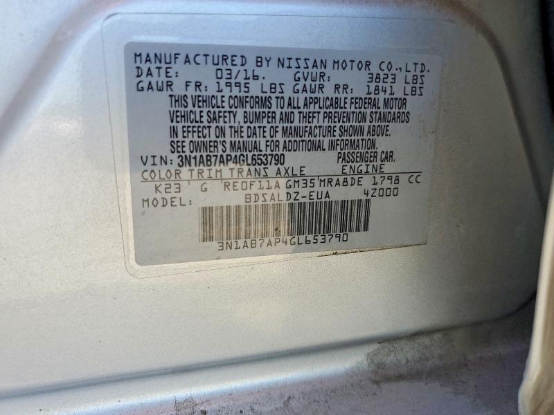 2016 Nissan Sentra მანქანა იყიდება აუქციონზე, vin: 3N1AB7AP4GL653790, აუქციონის ნომერი: 60711246