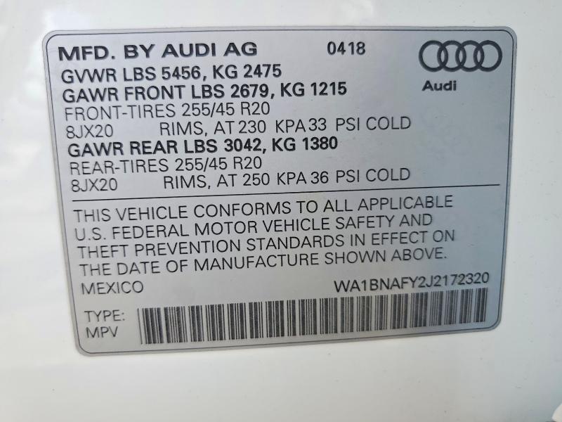 Aukcja sprzedaży 2018 Audi Q5, vin: WA1BNAFY2J2172320, numer aukcji: 63124006